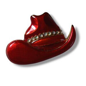 Vintage Red Enamel Cowboy Cowgirl Hat Brooch Pin Rhinestone Western 2 Inch